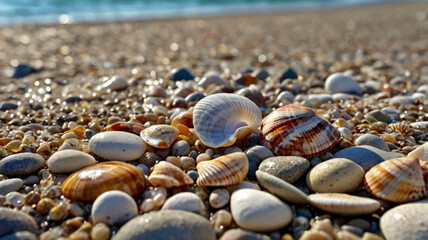 Smooth Sea Shells and Pebbles on Sandy Beach Shore