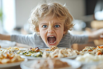 Child expresses strong dislike for vegetables during mealtime at home, showing frustration and anger