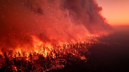 Wildfire raging through forest landscape at sunset, with flames illuminating trees and smoke billowing into the sky, showcasing nature's destructive power