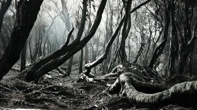 Dense, gnarled trees in a dark, misty forest