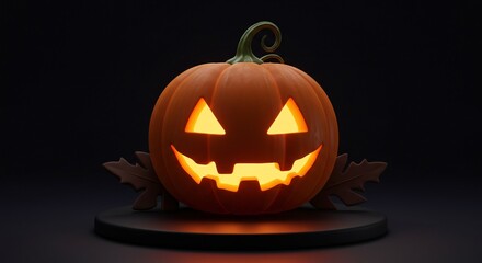 Fototapeta premium Glowing jack-o'-lantern with a spooky carved face on a black platform display