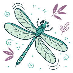 Cute cartoon dragonfly illustration with decorative elements and soft color palette