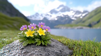 Obraz premium Yellow and Purple Wildflowers by Mountain Lake