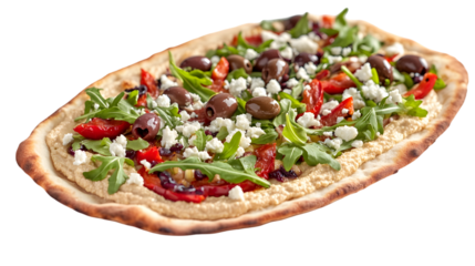 A flatbread pizza with hummus, feta, olives, and arugula toppings on transparent background png