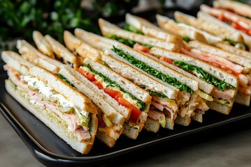 Assorted Triangle Sandwiches with Various Fillings Arranged on a Black Serving Tray for Catering