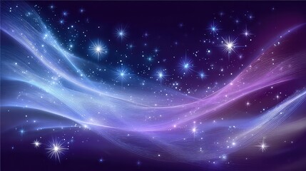 Obraz premium Ethereal Light Waves and Twinkling Stars Against a Deep Purple Background, Creating a Dreamy, Cosmic Atmosphere for Abstract Designs and Illustrations