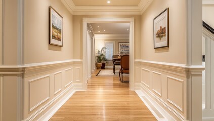 Elegant hallway with hardwood floors and crown molding