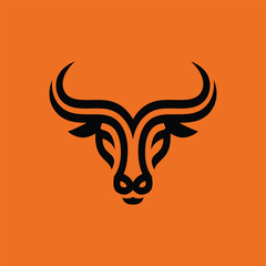 Striking minimalist bull head logo on bold orange background. Symmetrical, modern black line design shows strength and style—perfect for branding, sports, or business identity.