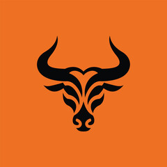Striking minimalist bull head logo on bold orange background. Symmetrical, modern black line design shows strength and style—perfect for branding, sports, or business identity.
