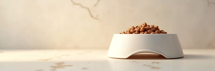 Pet food bowl filled with kibble placed on clean surface showcasing minimalism in modern home setting
