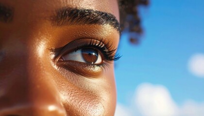 Hopeful Gaze: Close-up of a young woman's eye, looking towards a bright sky, conveying optimism and aspiration.