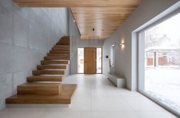 Minimalist foyer wood stairs concrete wall  lightfilled entry to snowy outdoor view