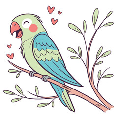 Cute lovebird cartoon character perched on branch with hearts illustration design