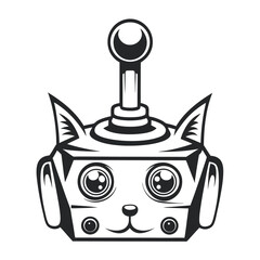 Obraz premium Stylized Robot Cat with Joystick Head: Monochrome Illustration for Gaming, Tech, and Creative Projects, Vector Design on White Background 