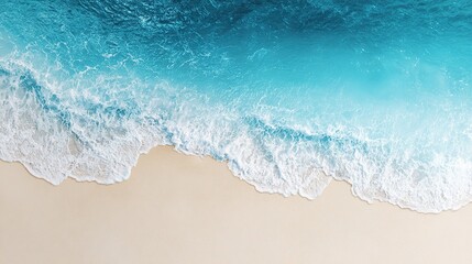Edge of ocean waves on empty white background with sand and blue water, top-down view of beach and sea, high-definition, high-resolution, capturing nature's pure beauty and serene atmosphere.