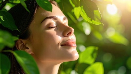 Serene Sunlight: A young woman embraces the tranquility of nature, her face illuminated by soft sunlight, creating a sense of peace and inner harmony.