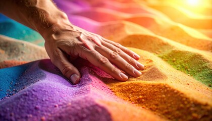Rainbow Sand: A hand gently touches vibrant, rainbow-colored sand, creating a mesmerizing texture and a sense of calm.