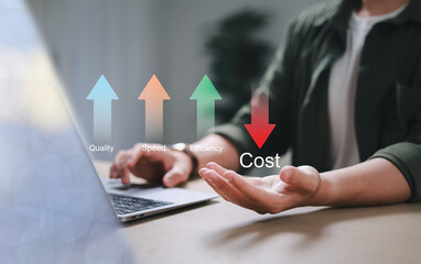 The concept of analyzing the company's growth, the business growth arrow graph and future cost reduction, development to achieve the goal.