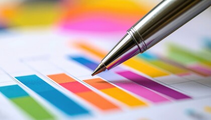 Pen on Data: A pen points towards an evolving and vivid infographic, signifying the deep dive into financial data. The pen directs attention to the multicolored chart.