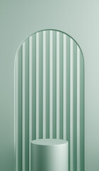 Modern Luxury arch curve mint green and circle pedestal studio backdrop. Glossy, reflective product display stand. Platform podium advertisement products fashion cosmetics skincare. 3D Illustration.