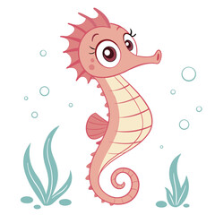 Cute pink seahorse with big eyes cartoon illustration underwater life © rezastudio