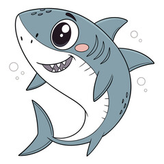Cute cartoon shark character design illustration with smiling face and bubbles