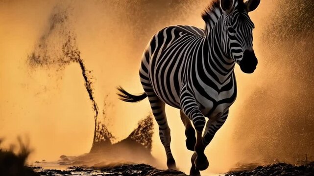 Zebra running through water with dust in the air against a golden background glow at sunset video