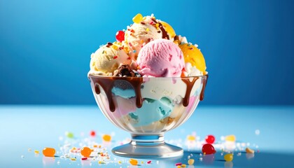 Sundae Delight: A vibrant and irresistible sundae overflowing with colorful ice cream scoops, drizzled chocolate, and delectable toppings against a cool blue backdrop.