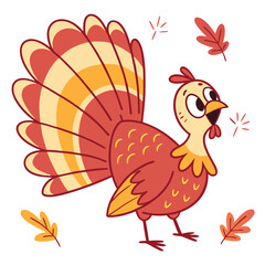 Cheerful cartoon turkey with autumn leaves illustration for thanksgiving celebration