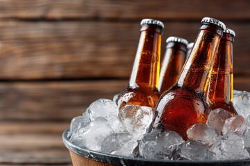 Chilled amber beer bottles in ice bucket on wooden background, ideal for summer promotions, party advertisements, bar menus, and beverage packaging visuals