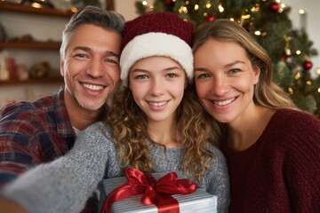Happy family christmas selfie with gift
