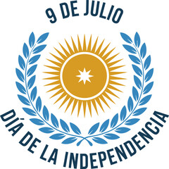 Classic Argentina independence day emblem with sunburst and laurel leaves featuring 9 de julio message  