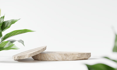 Wooden product display podium with blurred nature leaves on white background. 3D rendering