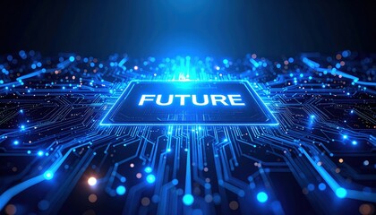 Illuminating the Technological Horizon: A state-of-the-art computer chip, ablaze with futuristic blue light, carries the bold inscription "FUTURE", symbolizing technological progress.