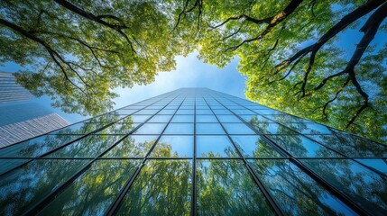 Urban greenery, sustainable skyscrapers, reflecting leaves