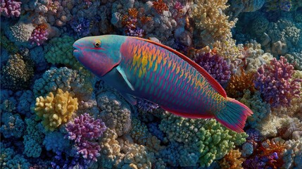 Vibrant Coral Reef Scene Featuring Colorful Parrotfish Swimming Gracefully Among Diverse Coral Structures in Pristine Ocean Waters