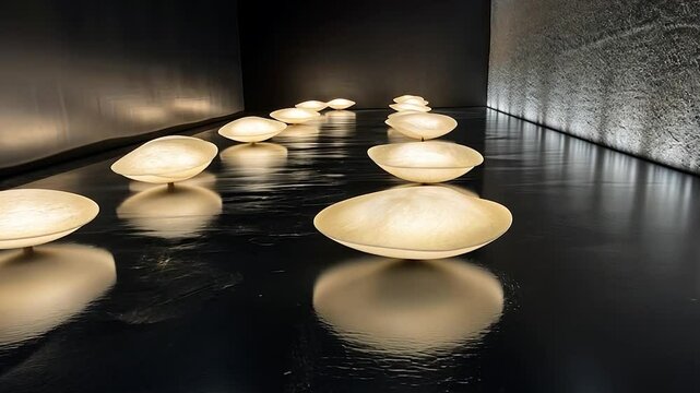 Illuminated, shallow, light-catching bowls line a dark space