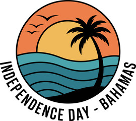 Bahamas palm tree and ocean wave with sun and beach silhouette for tropical independence day label  