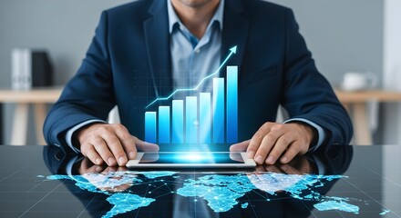 Businessman Using Tablet with Projected 3D Blue Bar Chart and Global Network Map Reflected on Dark Table in Modern Office Setting