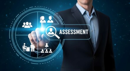 Businessman Engages with Glowing Circular Digital Assessment Interface Featuring Human Resource Icons and Hierarchical Graphics on Futuristic Blue Background