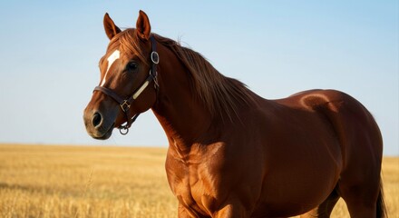 Fototapeta premium Majestic brown horse portrait with white blaze against golden field backdrop