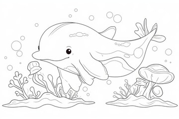 Cute hammerhead shark swimming among jellyfish coloring page with crisp black lines on white background for kids