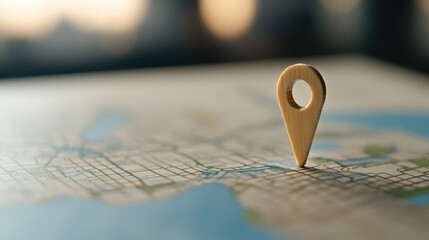 Wooden location pin on map, symbolizing navigation and exploration, evokes sense of adventure and discovery
