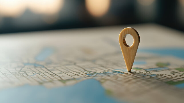 Wooden location pin on map, symbolizing navigation and exploration, evokes sense of adventure and discovery