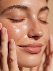 Radiant Skin Serenity: A serene portrait of a woman, eyes gently closed, as she delicately touches her face, revealing a complexion that emanates purity and health, captured in soft, natural lighting.