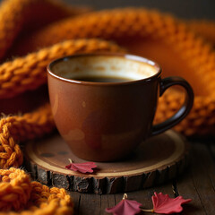 Coffee cup with knit throw on wooden tray, cozy autumn beverage art on warm rustic background