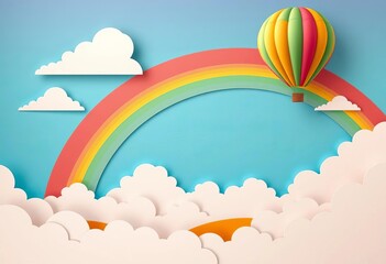 Vibrant paper cut sky, rainbow landscape, hot air balloon, fluffy clouds,   artwork,   decor