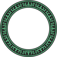 Vector green and black round Kazakh national ornament. Ethnic pattern of the peoples of the Great Steppe, Mongols, Kyrgyz, Kalmyks, Buryats. circle, frame border.
