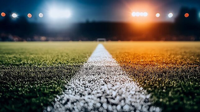 Neon-themed football field action bright led-lit stadium sports photography night environment close-up concept