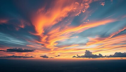 Obraz premium Vast, dramatic sky encompassing a sprawling landscape, vibrant colors at dawn/dusk, orange, aerial